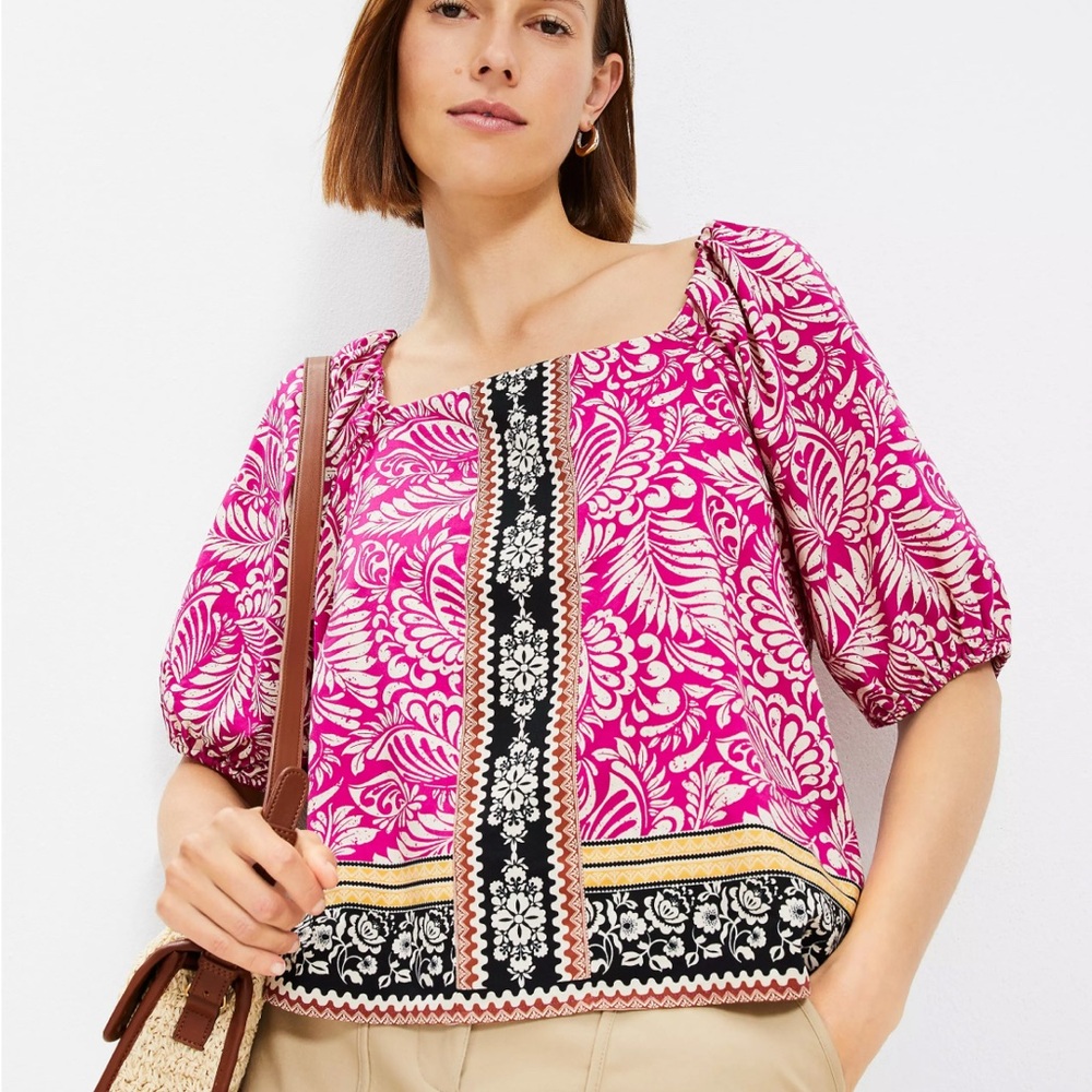 LOFT Pink and Black Puff Sleeve Blouse